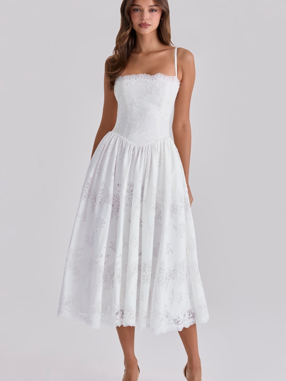 House of CB Chloe White Lace Midi Dress with Spaghetti Straps